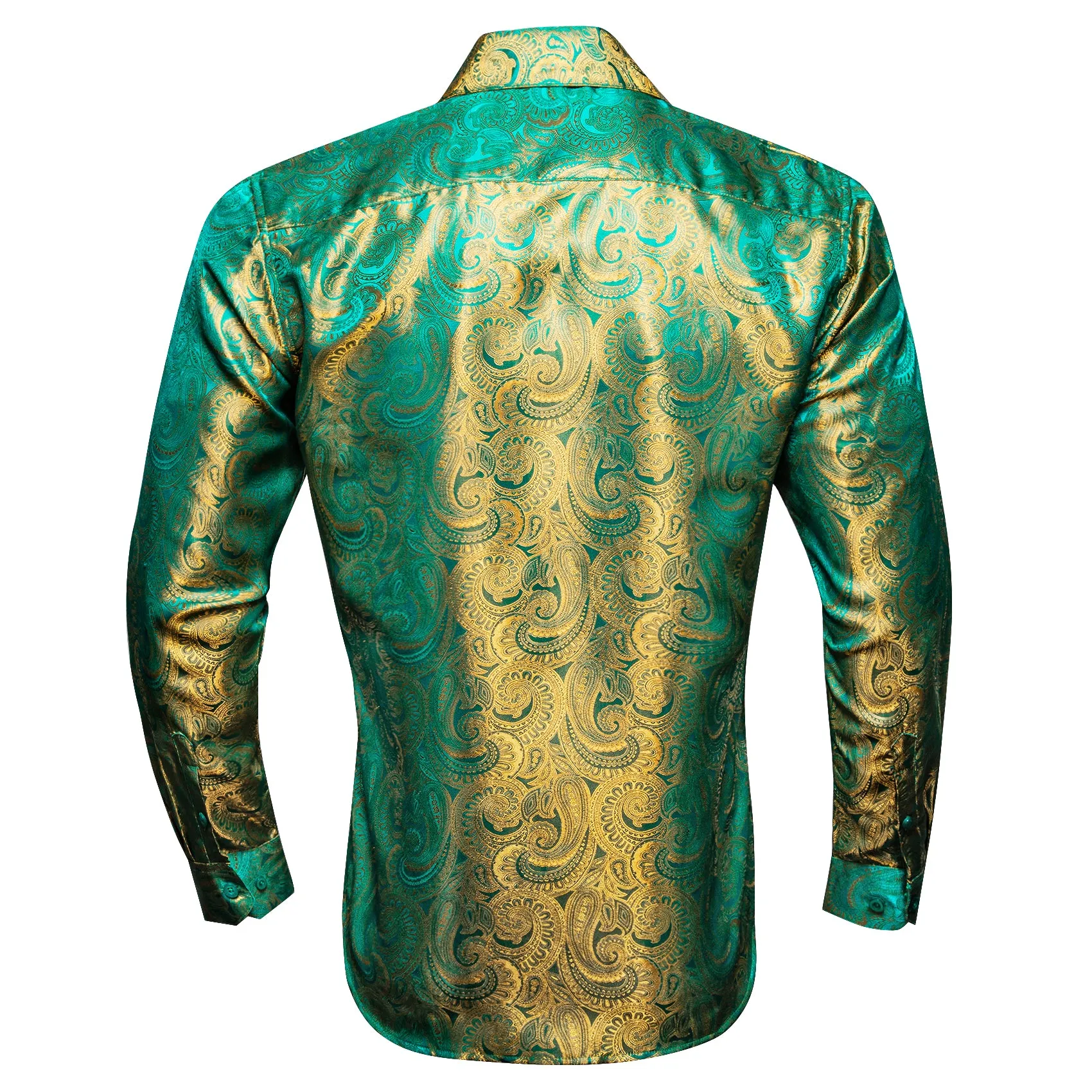 Barry Wang Button Down Shirt Green Gold Paisley Silk Men's Shirt