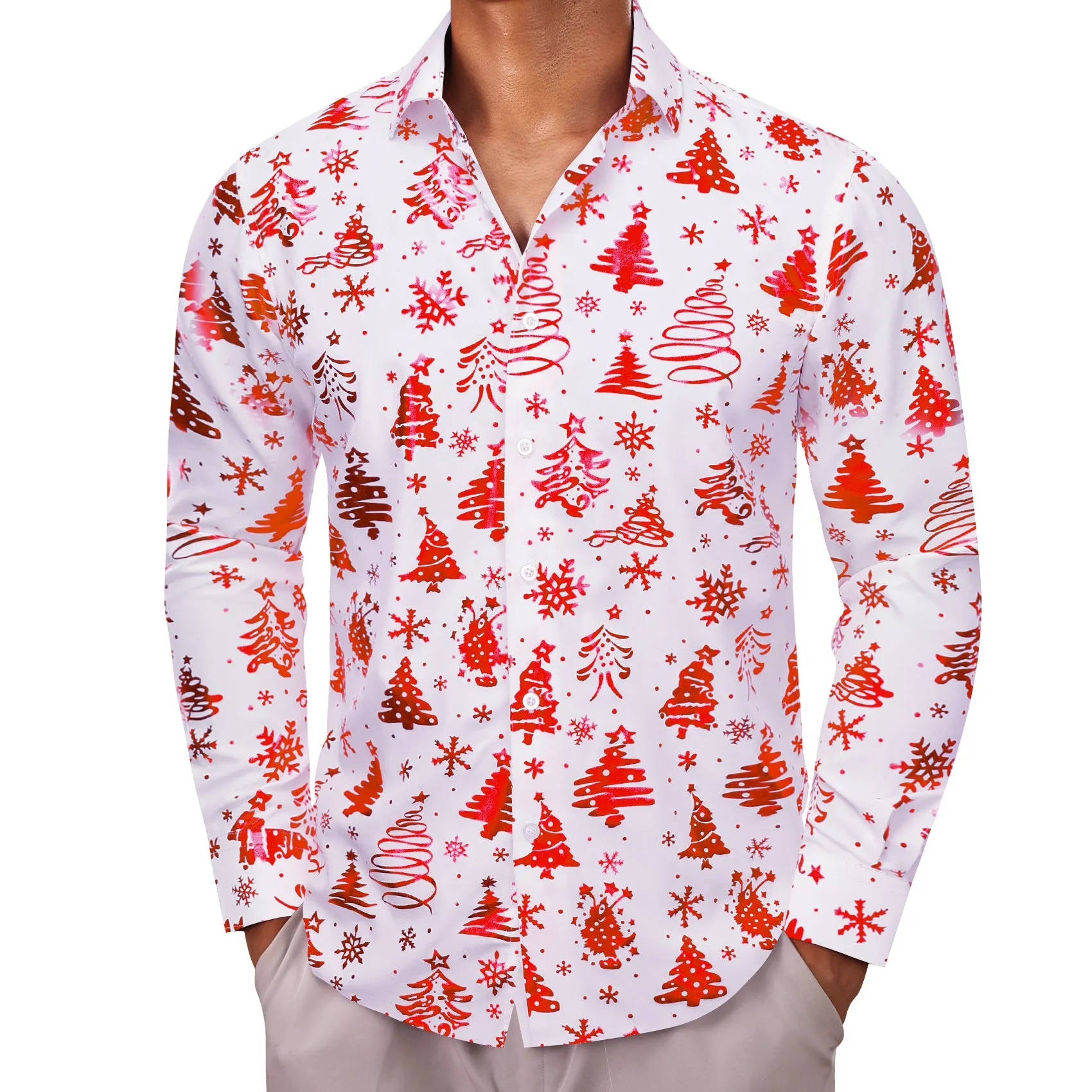 Barry.wang Christmas Shirt White Red Pattern Floral Silk Men's Shirt
