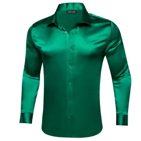 Barry.wang Dark Green Solid Silk Men's Shirt
