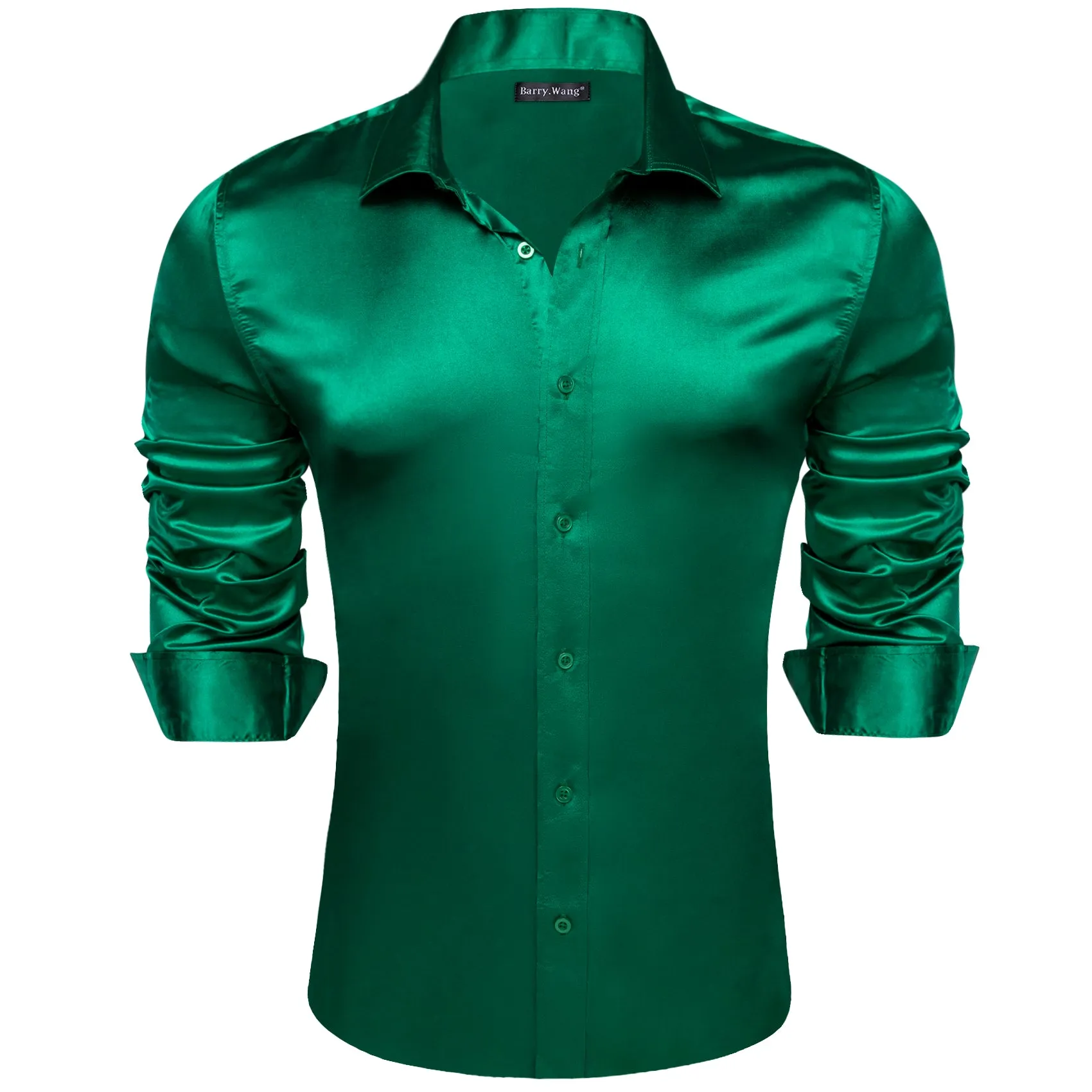 Barry.wang Dark Green Solid Silk Men's Shirt