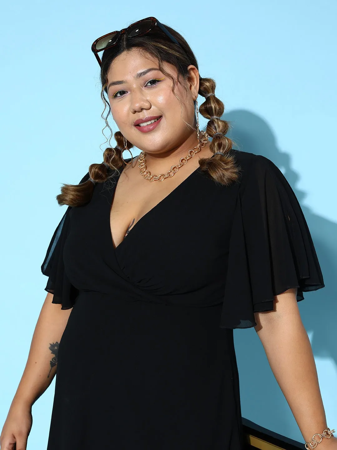 Berrylush Women Plus Size Solid Black V-Neck Flutter Sleeves Georgette Zipper-Up Flared Wrap Mini Dress