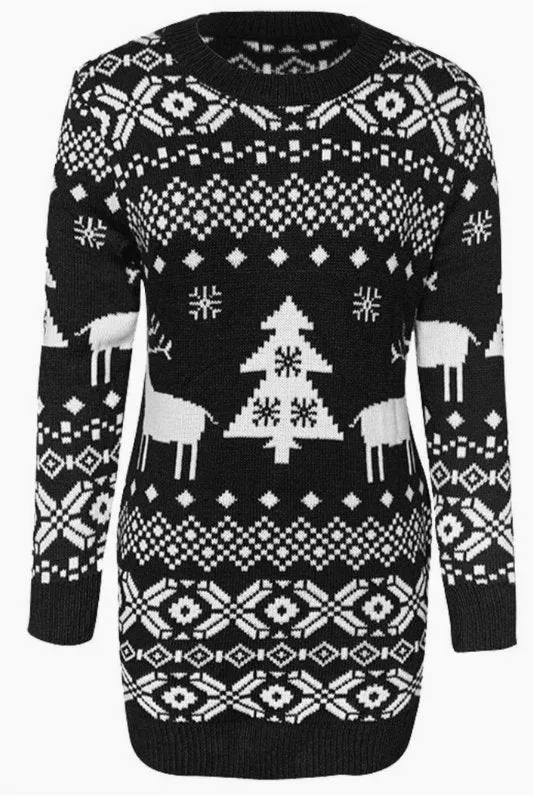 Black Christmas Pattern Knit Sweater Dress