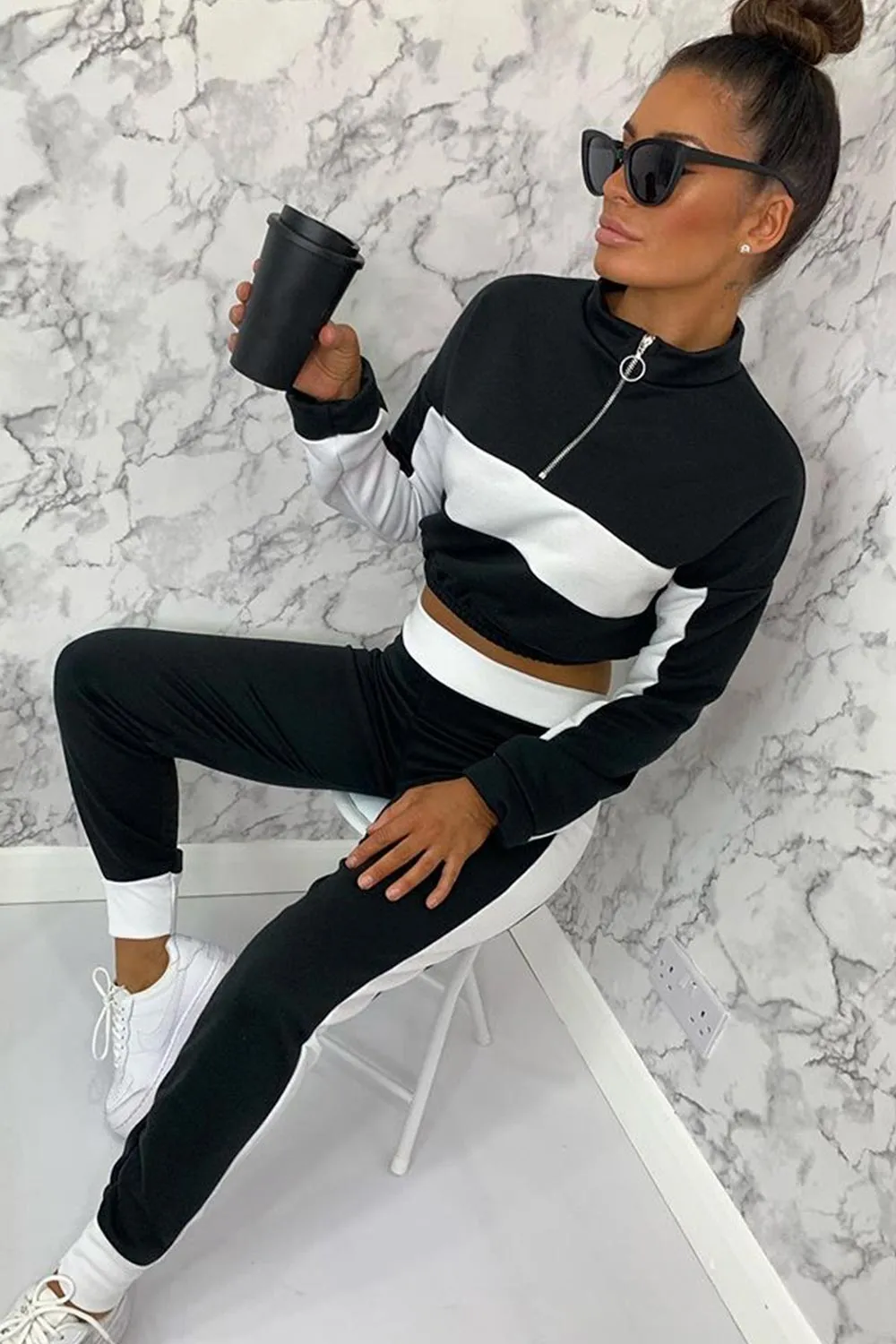 Black Cropped Sweater And Joggers Lounge Wear Set