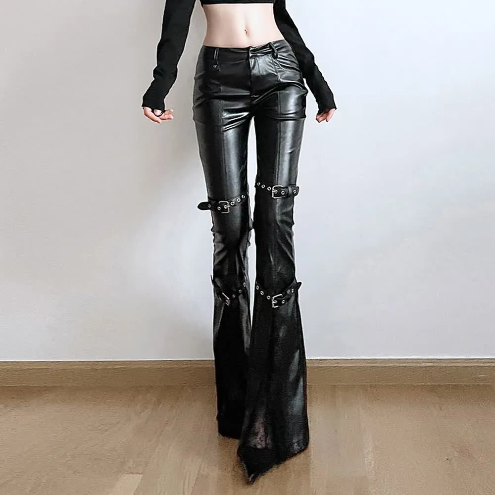 Black Gothic Punk Faux Leather High-Waisted Flared Pants