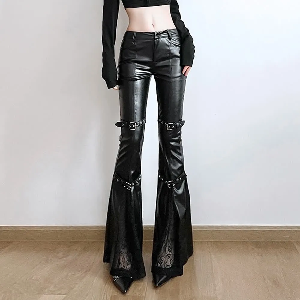 Black Gothic Punk Faux Leather High-Waisted Flared Pants