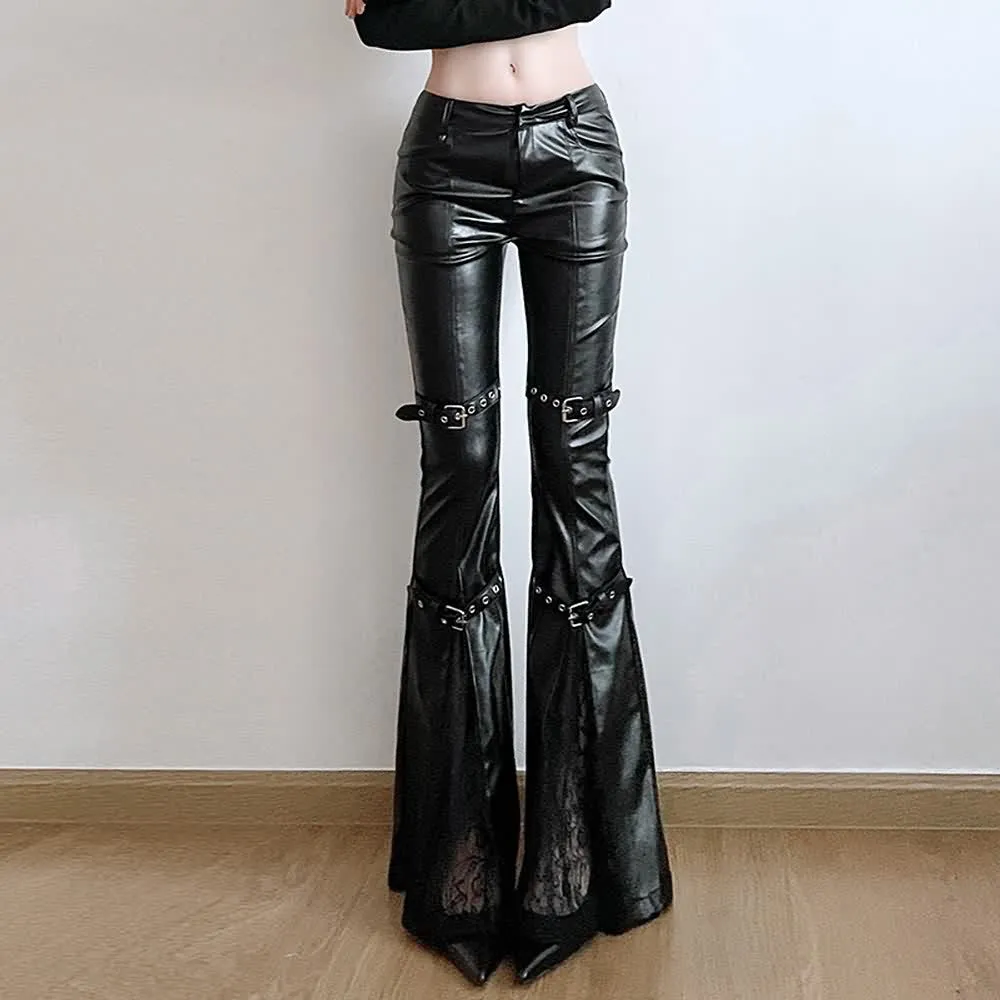Black Gothic Punk Faux Leather High-Waisted Flared Pants