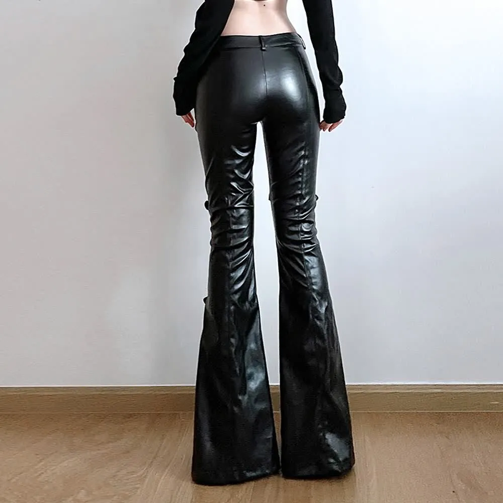 Black Gothic Punk Faux Leather High-Waisted Flared Pants