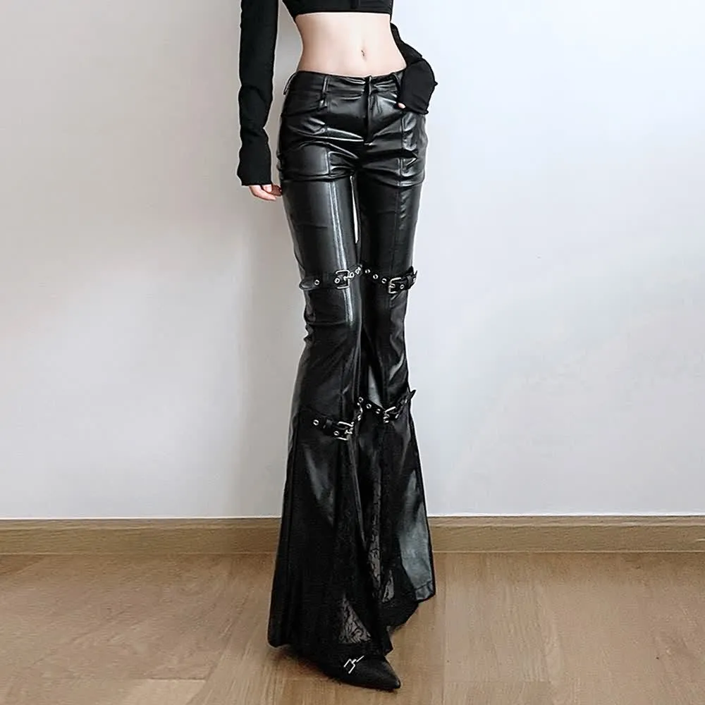 Black Gothic Punk Faux Leather High-Waisted Flared Pants