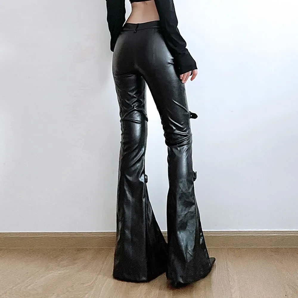 Black Gothic Punk Faux Leather High-Waisted Flared Pants