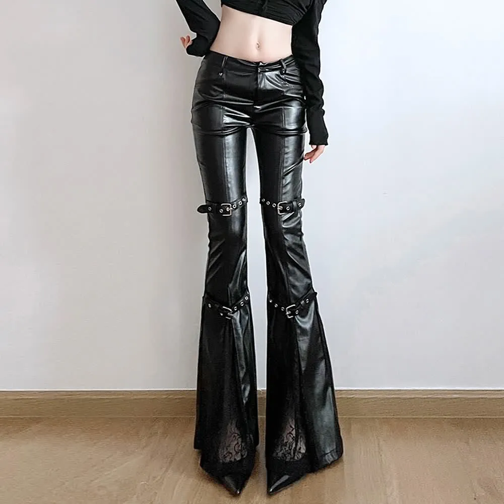 Black Gothic Punk Faux Leather High-Waisted Flared Pants