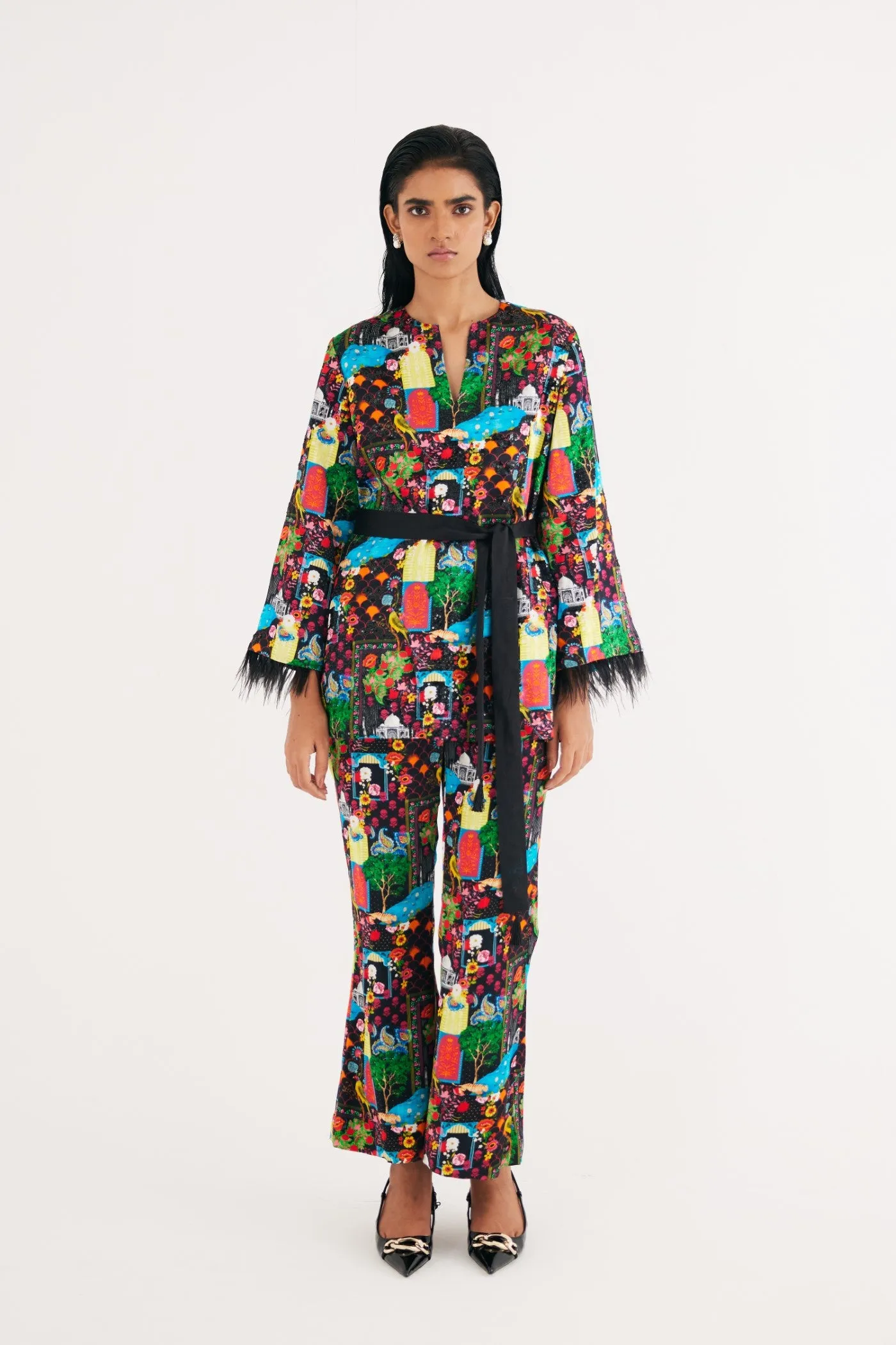 Black India Print Hand Embroidered Kurta and Flared Pants Set