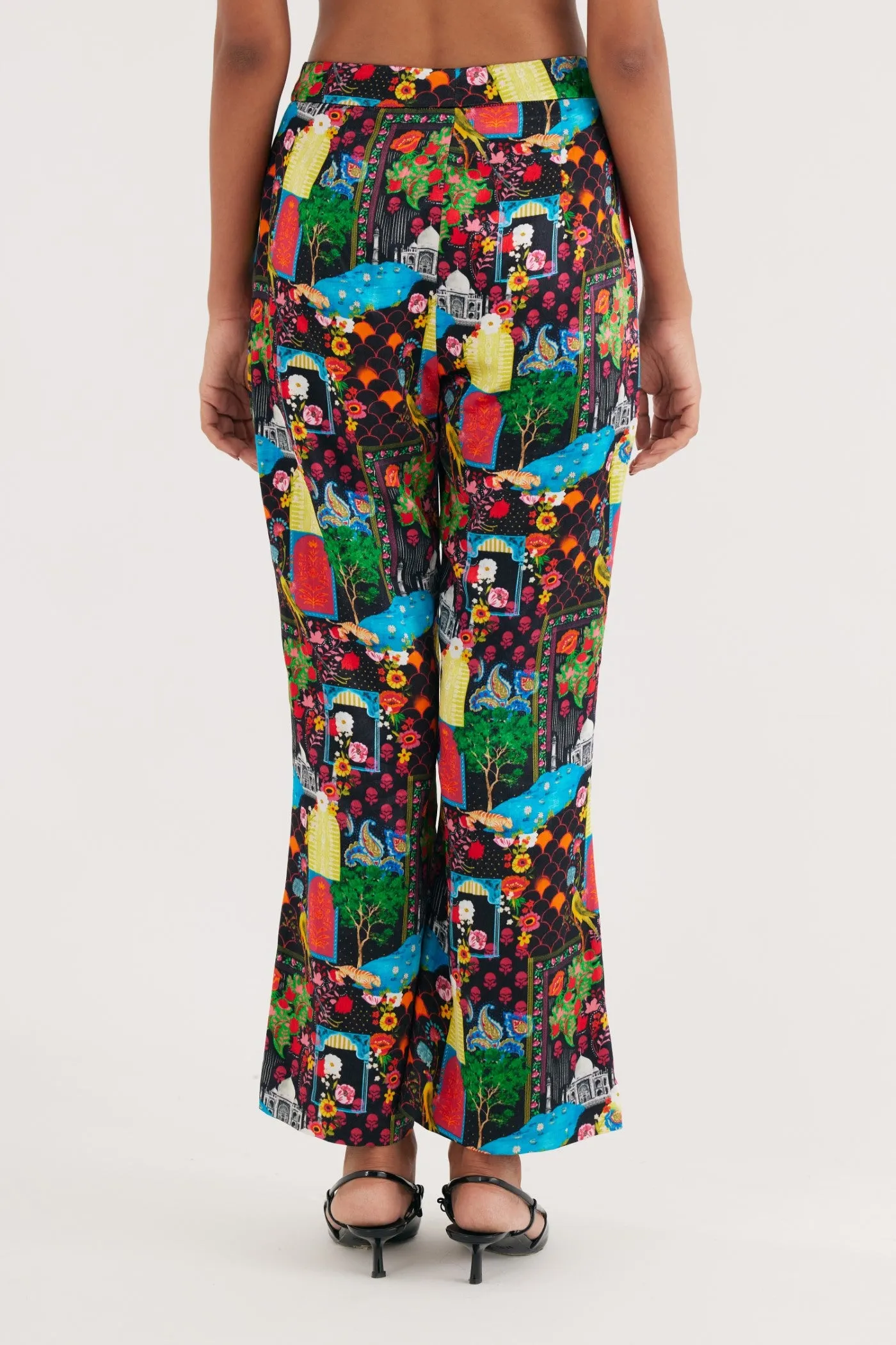 Black India Print Hand Embroidered Kurta and Flared Pants Set