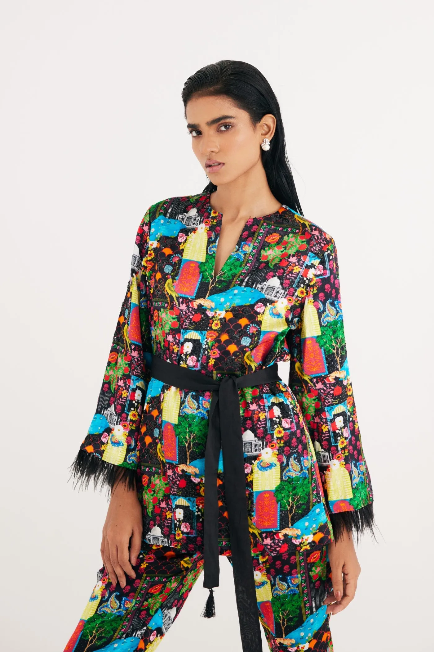 Black India Print Hand Embroidered Kurta and Flared Pants Set