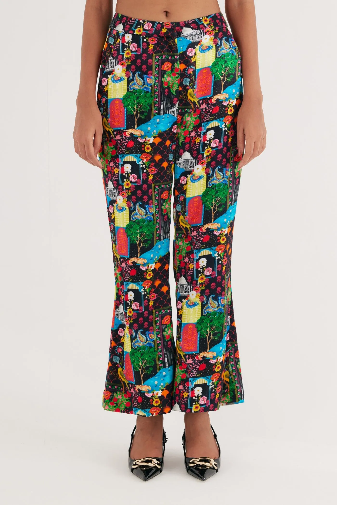 Black India Print Hand Embroidered Kurta and Flared Pants Set