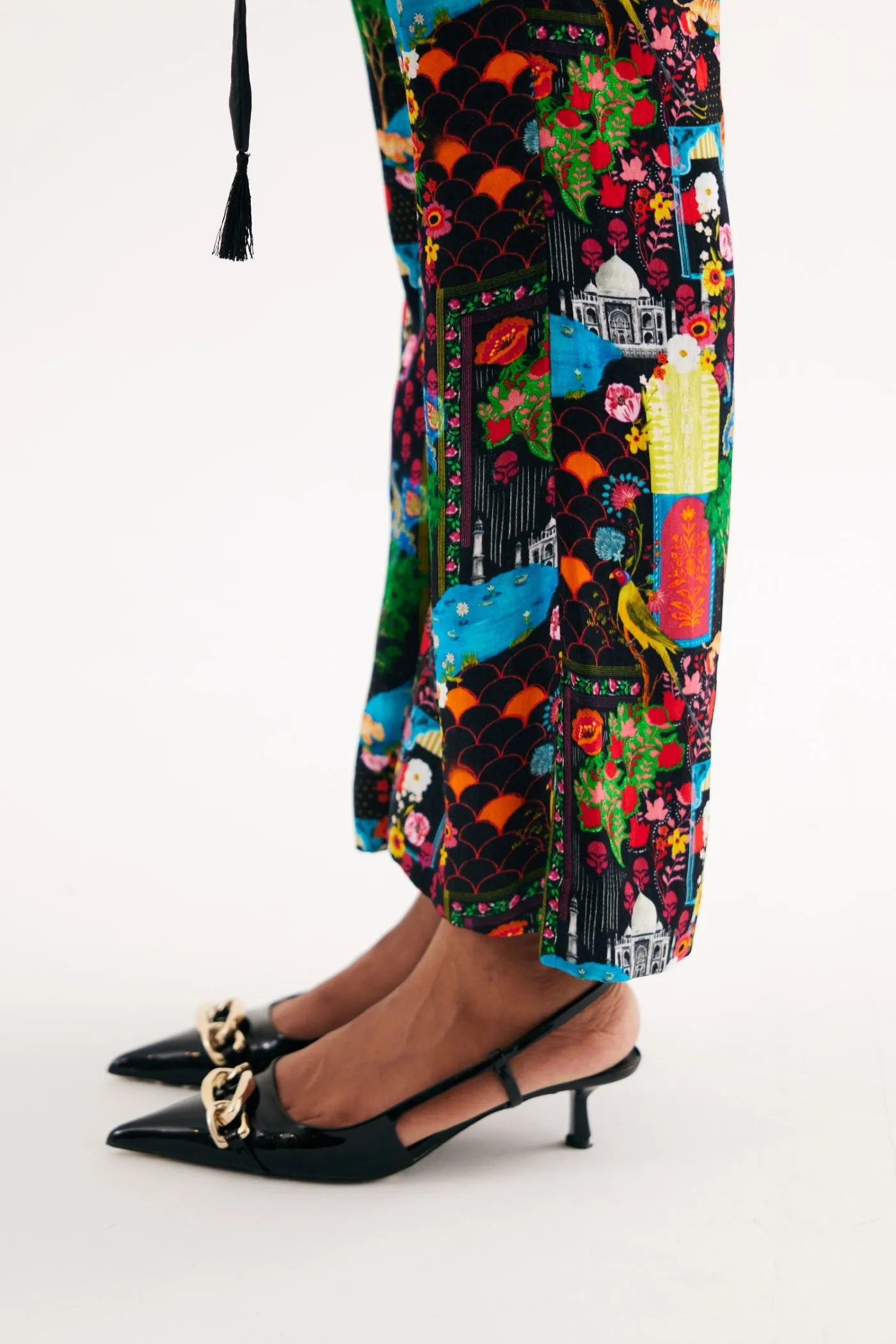 Black India Print Hand Embroidered Kurta and Flared Pants Set