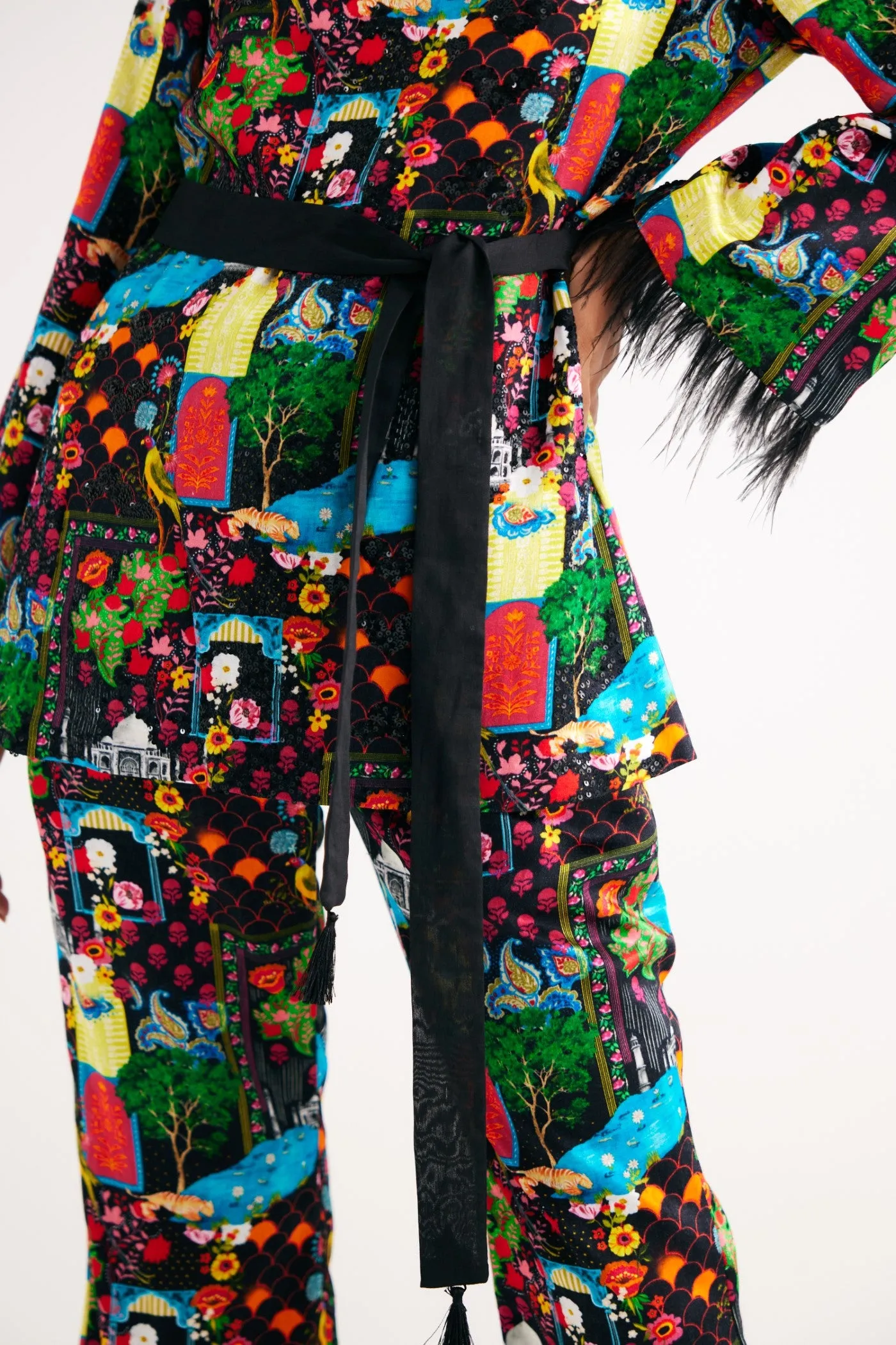 Black India Print Hand Embroidered Kurta and Flared Pants Set