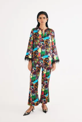 Black India Print Hand Embroidered Kurta and Flared Pants Set