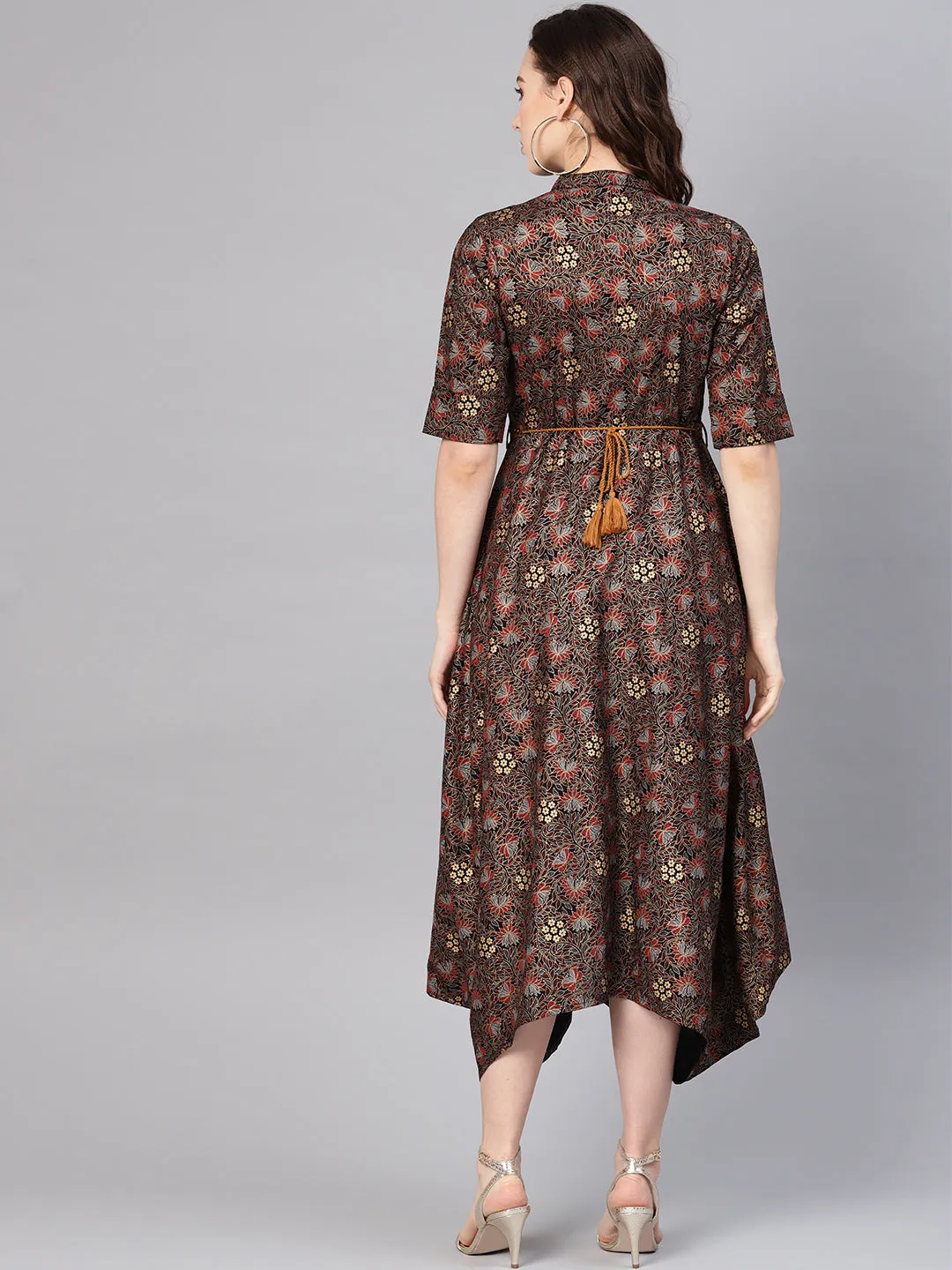 Black Rayon Printed Asymmetric Dress
