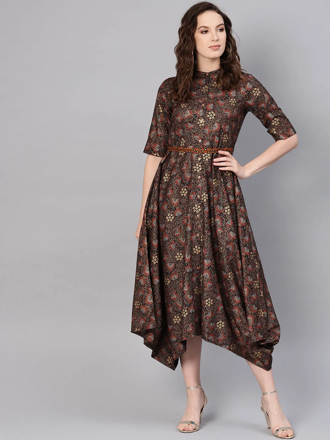 Black Rayon Printed Asymmetric Dress