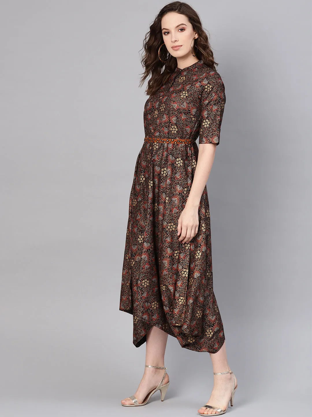 Black Rayon Printed Asymmetric Dress