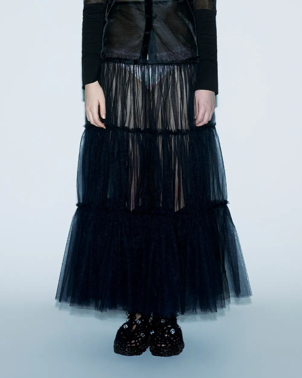 BLACK RUFFLE SHEER SKIRT