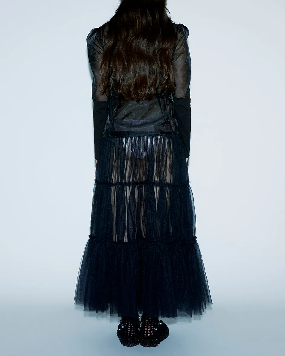 BLACK RUFFLE SHEER SKIRT