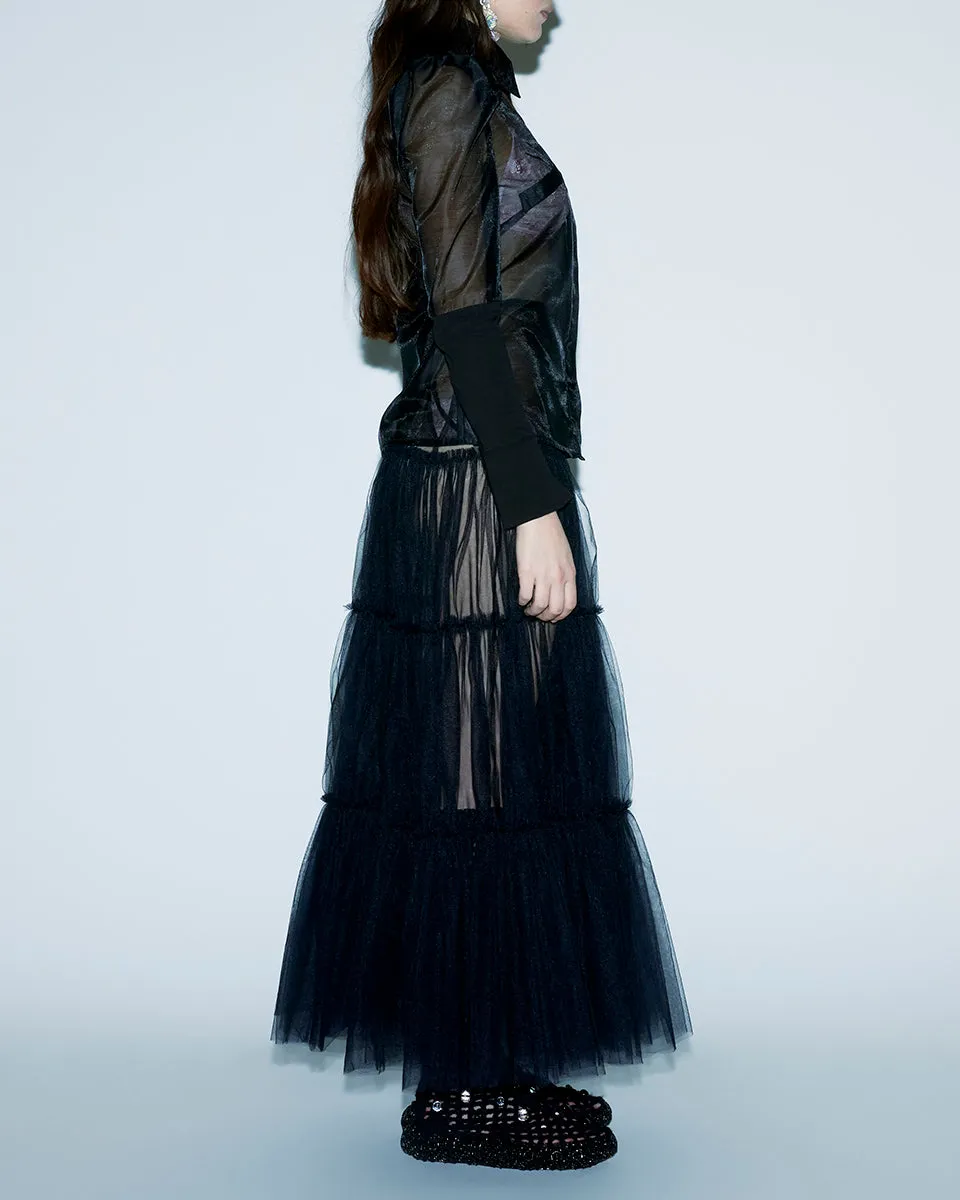 BLACK RUFFLE SHEER SKIRT