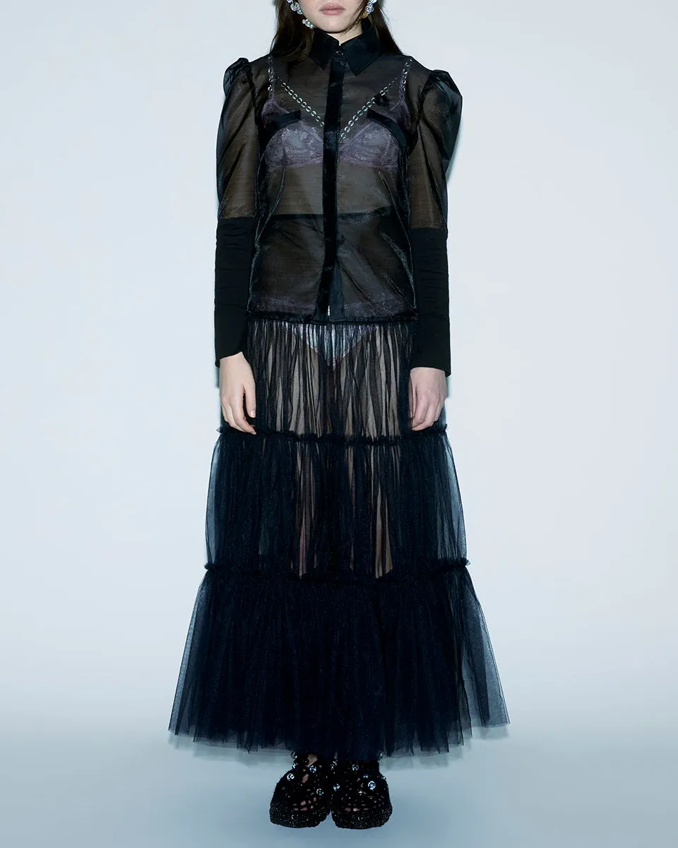BLACK RUFFLE SHEER SKIRT