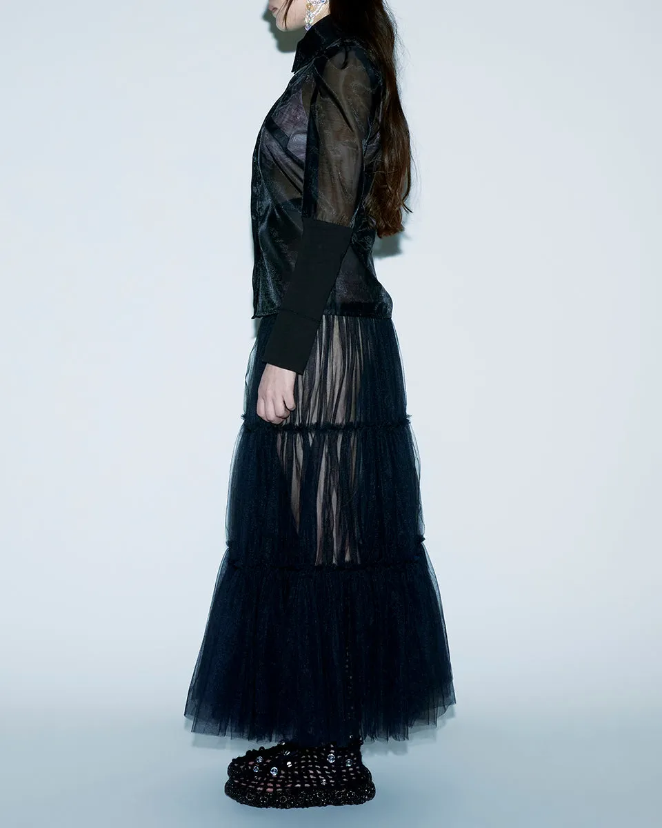BLACK RUFFLE SHEER SKIRT