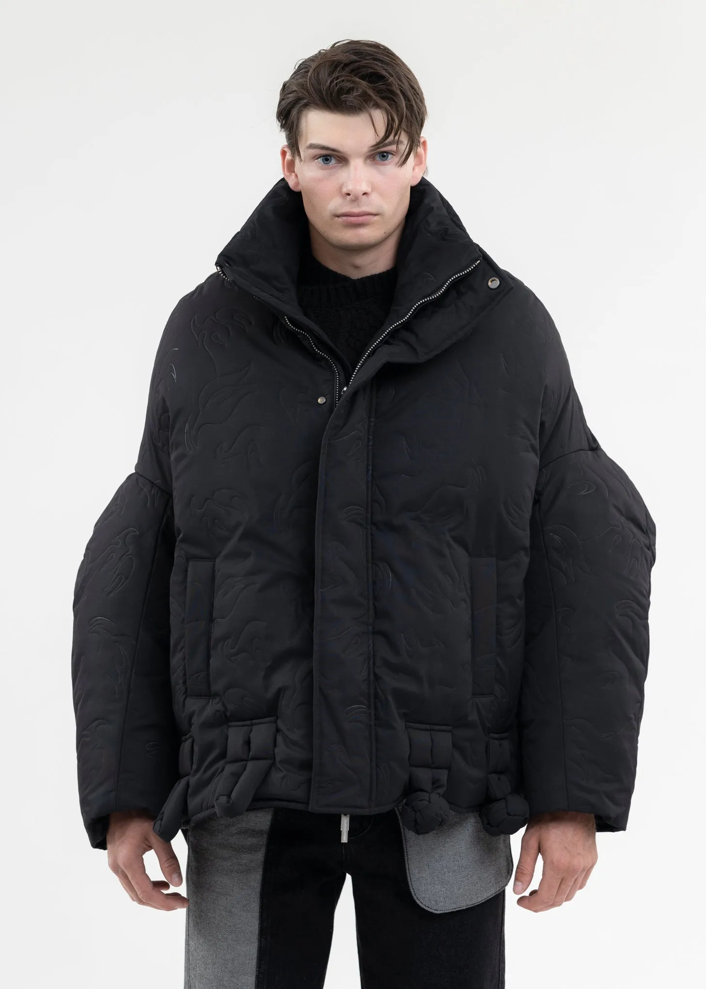 BLACK UPSIDE DOWN JACKET IN QUILTED PHOENIX