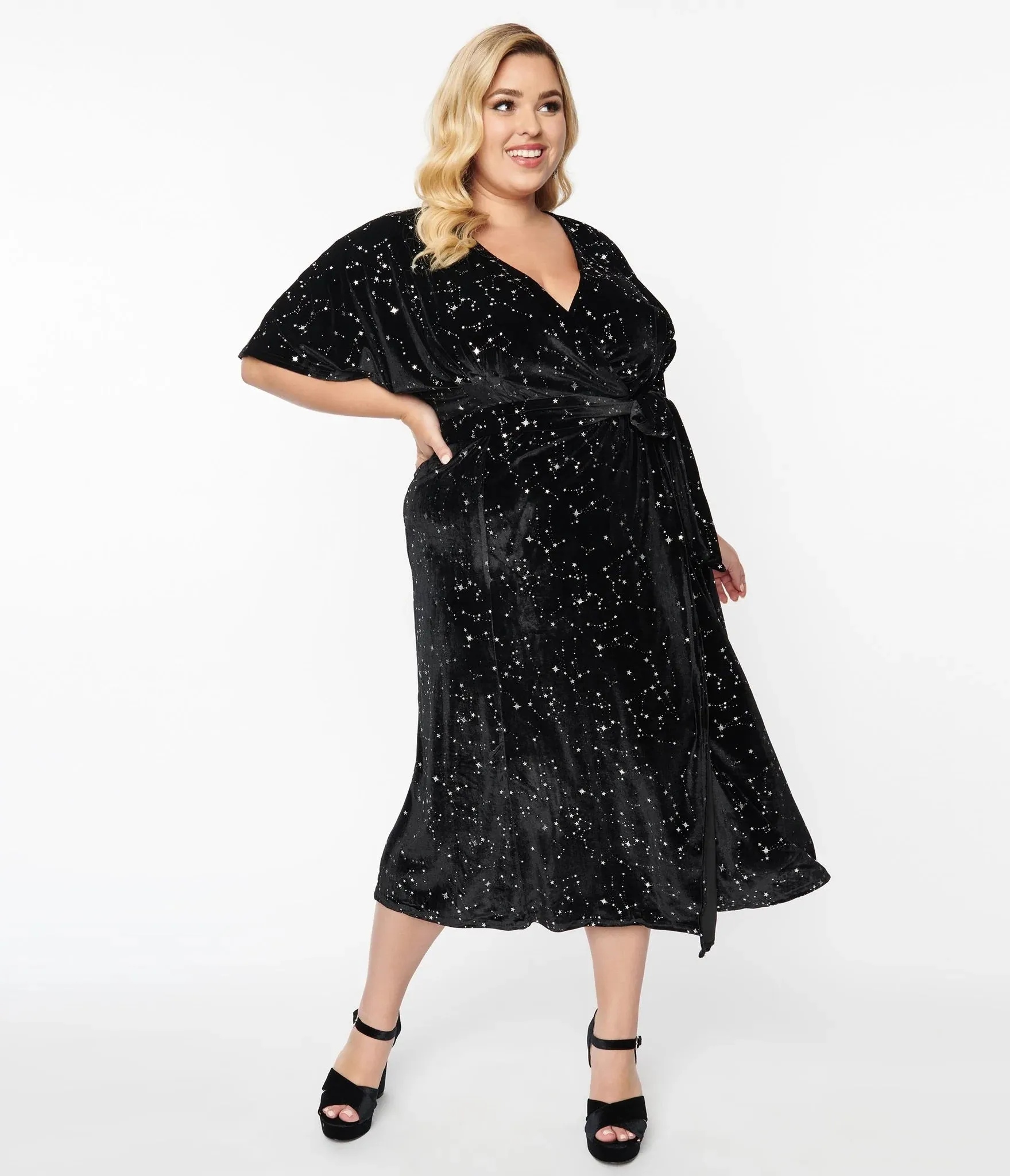 Black Velvet and Star Print Wrap Midi Dress