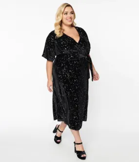 Black Velvet and Star Print Wrap Midi Dress
