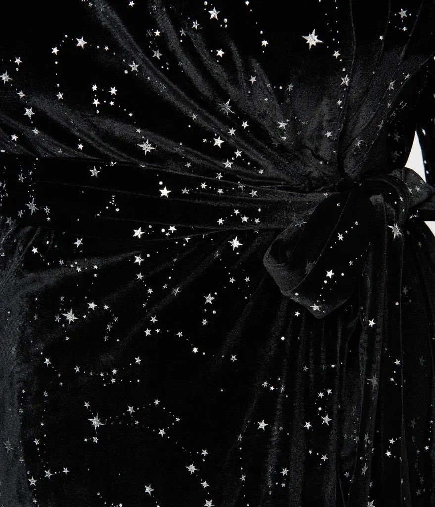 Black Velvet and Star Print Wrap Midi Dress
