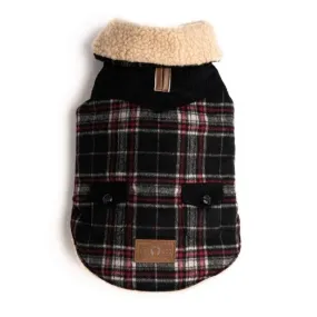 Black Wool Plaid Shearling Dog Coat