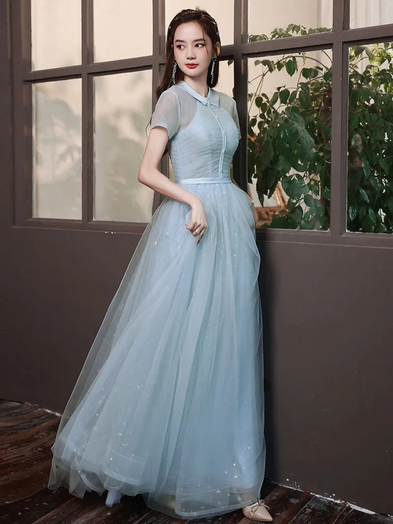 Blue A-line Tulle Long Prom Dress, Tulle Evening Dress
