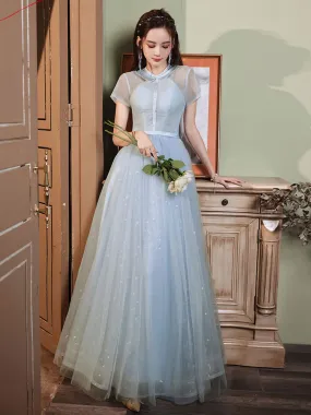 Blue A-line Tulle Long Prom Dress, Tulle Evening Dress