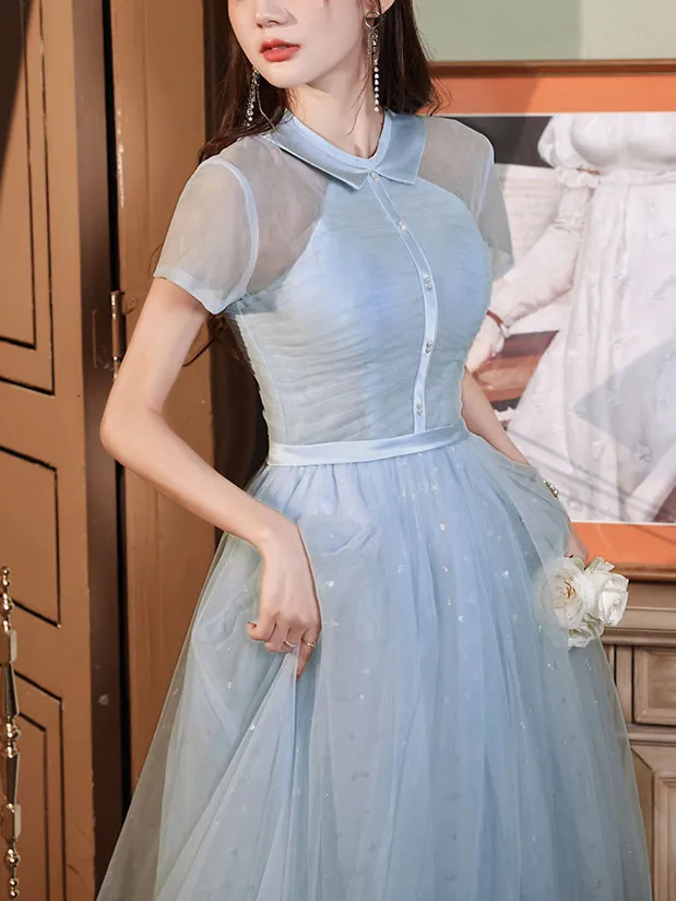 Blue A-line Tulle Long Prom Dress, Tulle Evening Dress