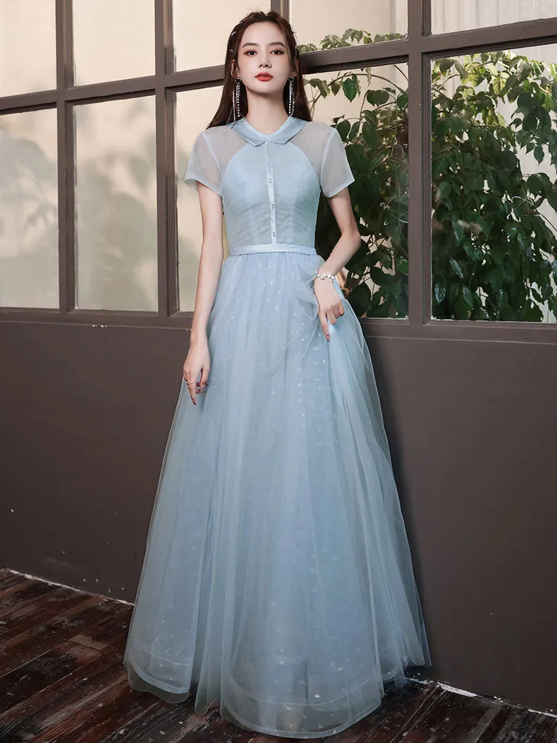 Blue A-line Tulle Long Prom Dress, Tulle Evening Dress