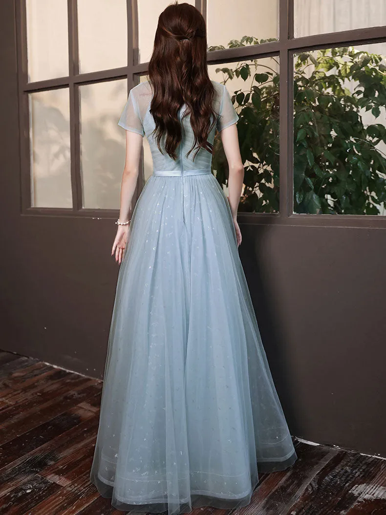 Blue A-line Tulle Long Prom Dress, Tulle Evening Dress