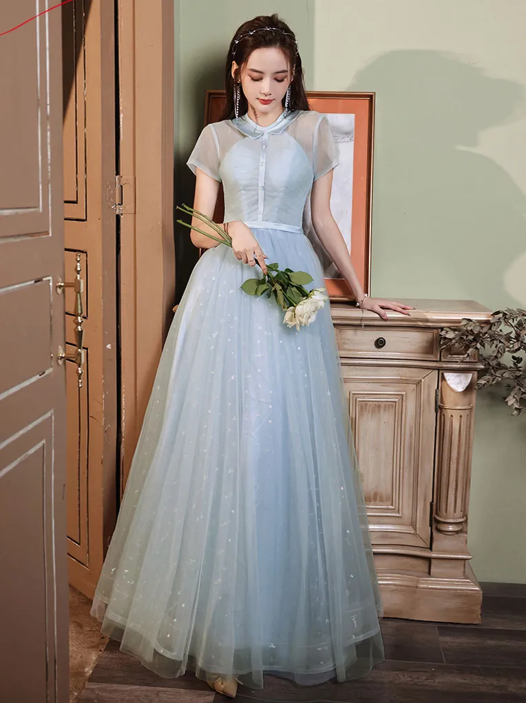 Blue A-line Tulle Long Prom Dress, Tulle Evening Dress