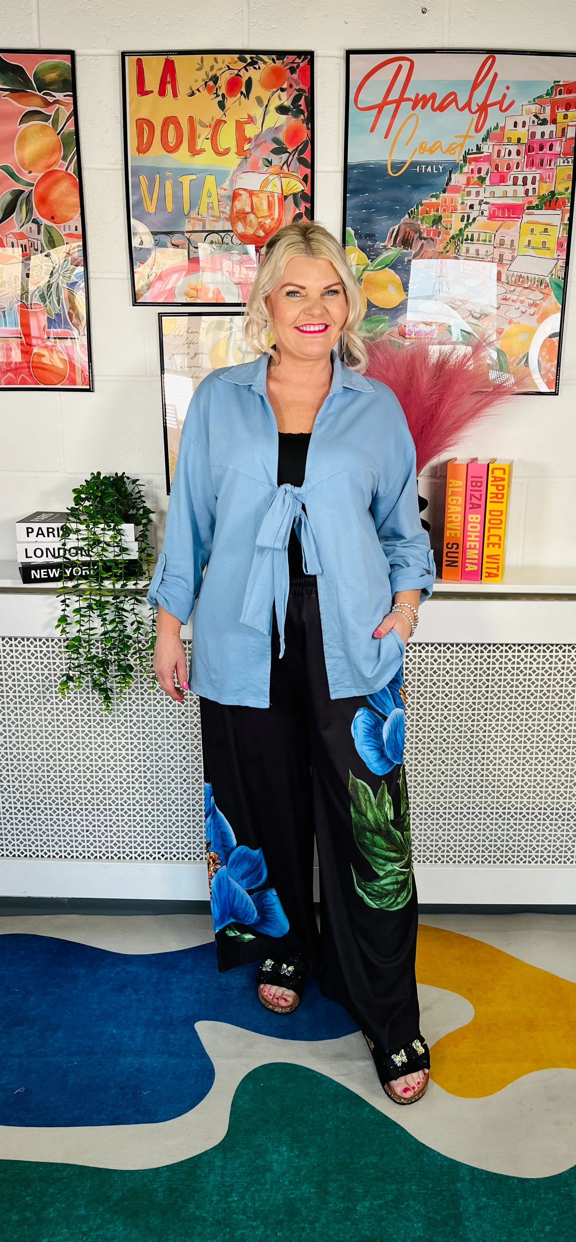 Blue Botanical Wide Leg Joggers - Black