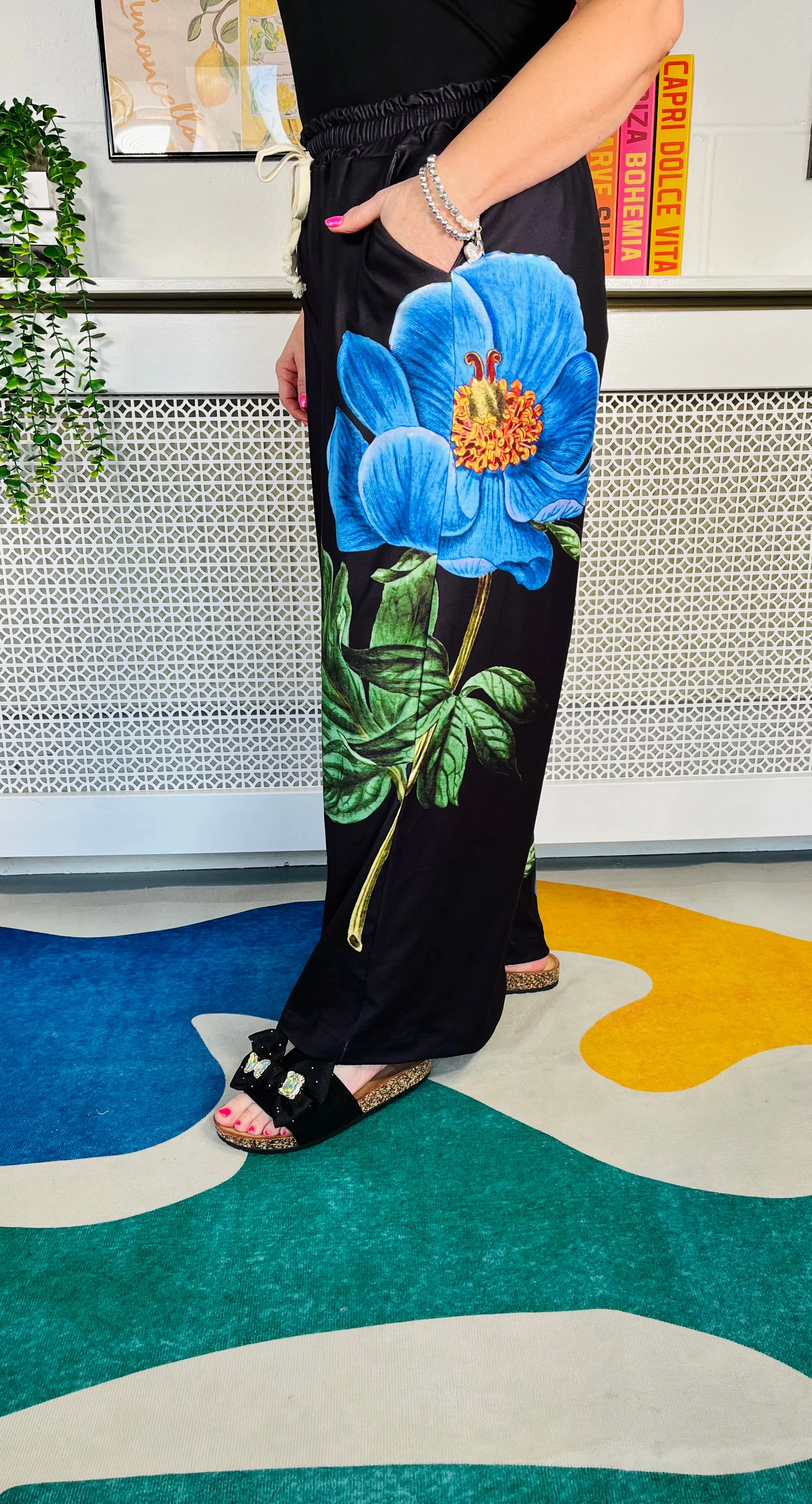 Blue Botanical Wide Leg Joggers - Black