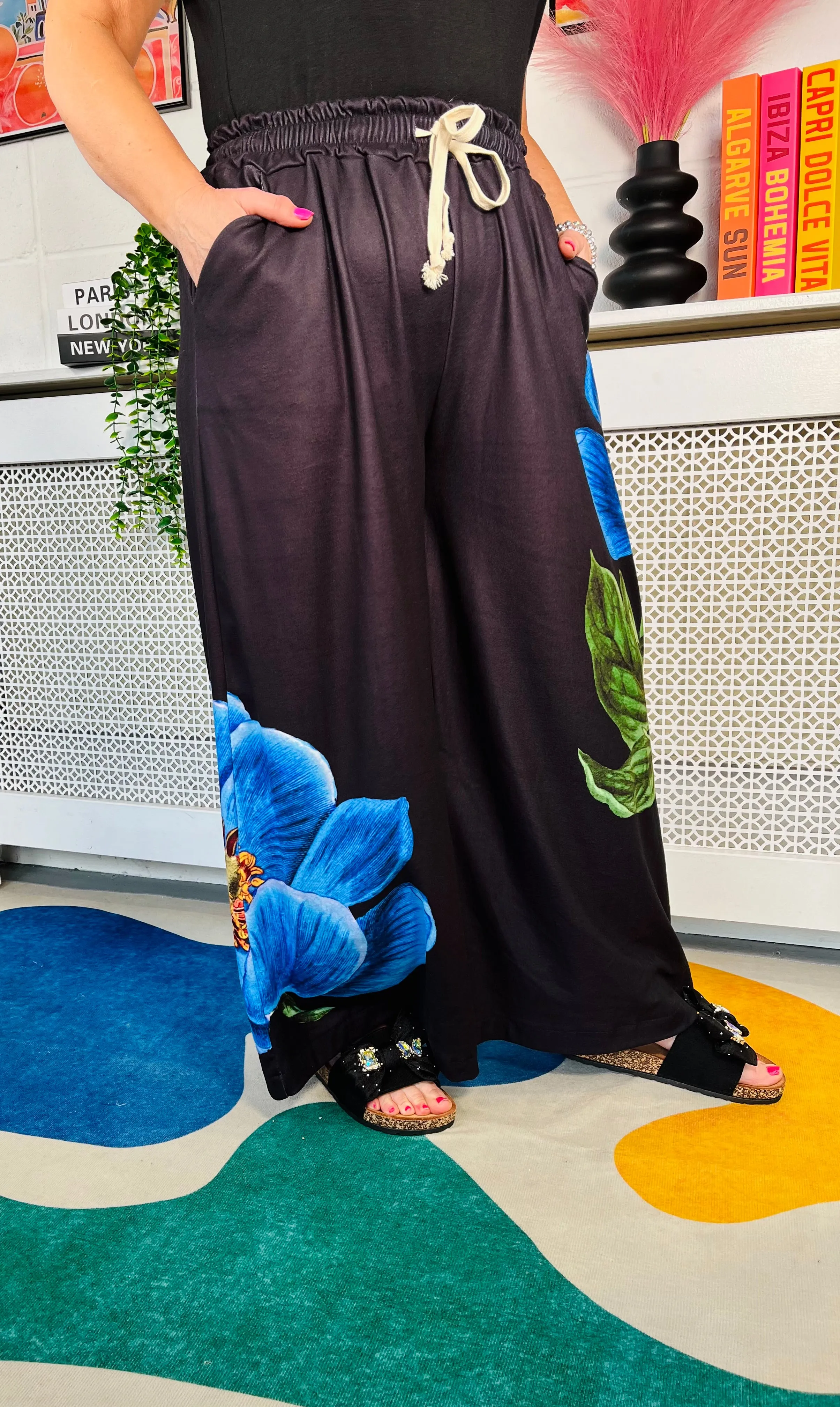 Blue Botanical Wide Leg Joggers - Black