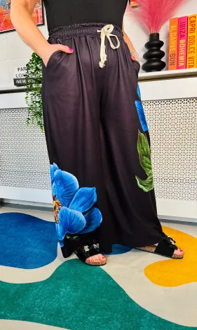 Blue Botanical Wide Leg Joggers - Black