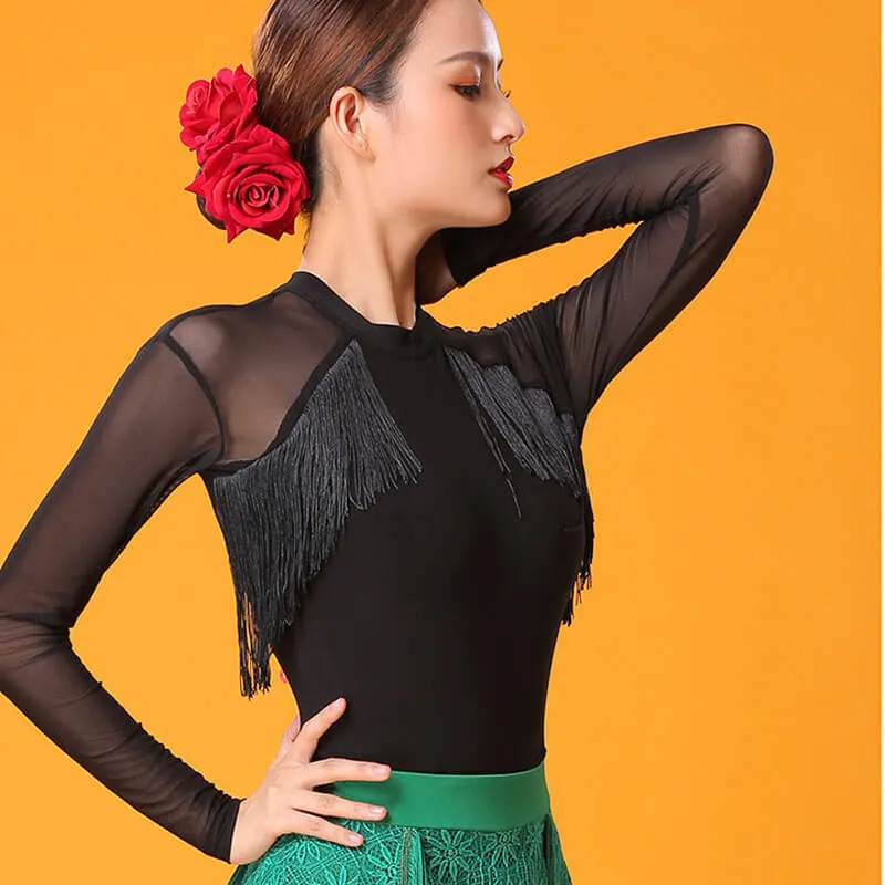 Boat Neck Long Sleeve Latin/Ballroom Top with Mesh