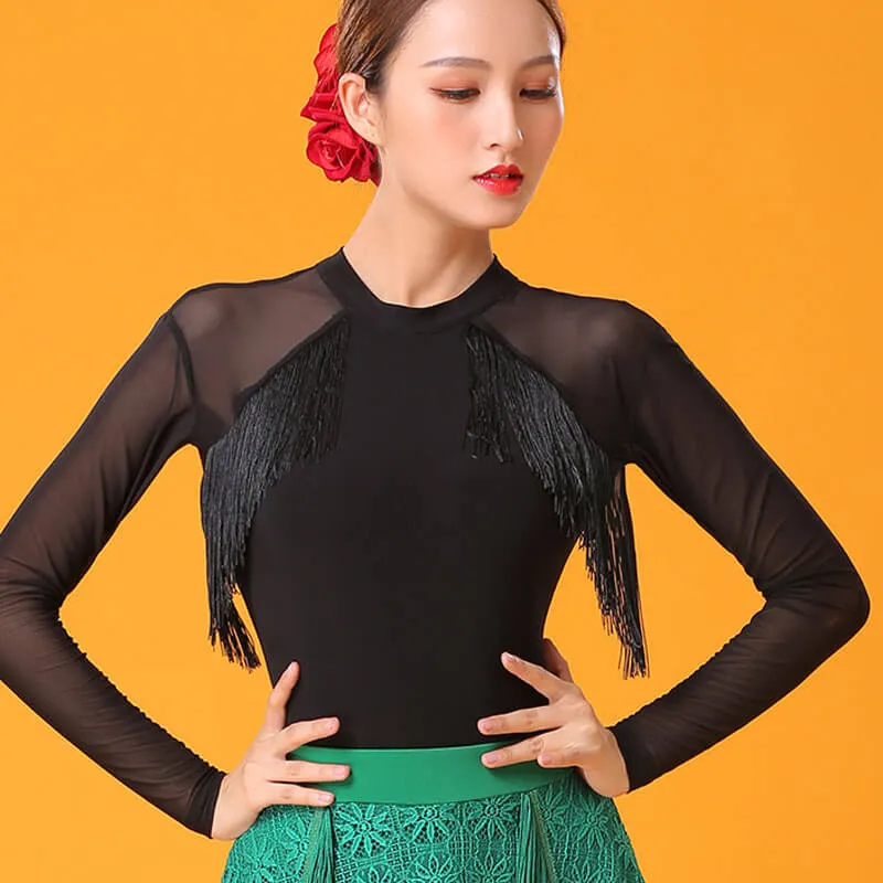 Boat Neck Long Sleeve Latin/Ballroom Top with Mesh