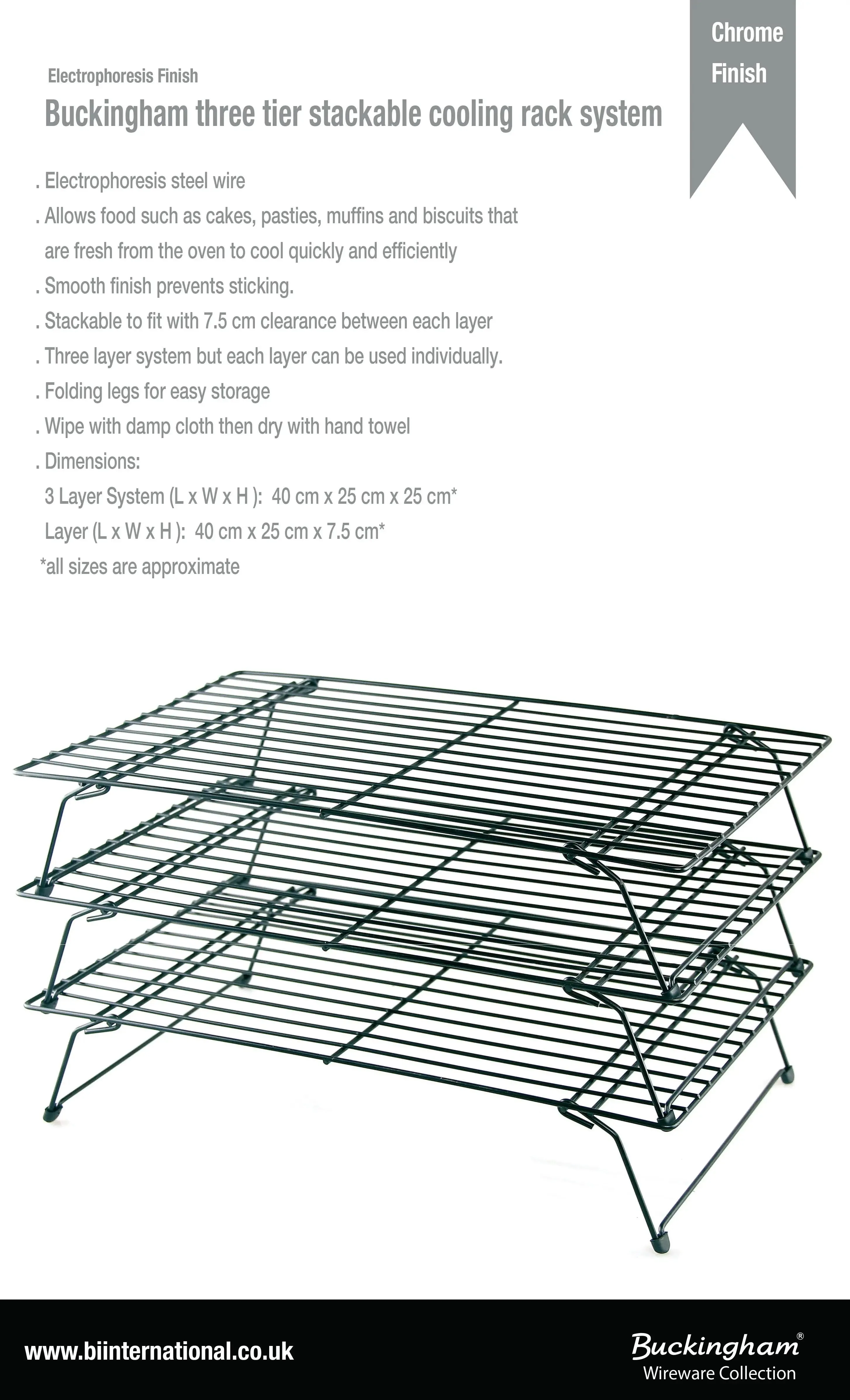 Buckingham 3 Tier Cooling Rack Stackable Non-Stick Durable Metal Wire Black Tray ideal for Cakes Cookies Pastries & Biscuits 40 Cm