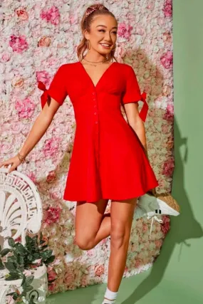 Button Down Flare Dress Red