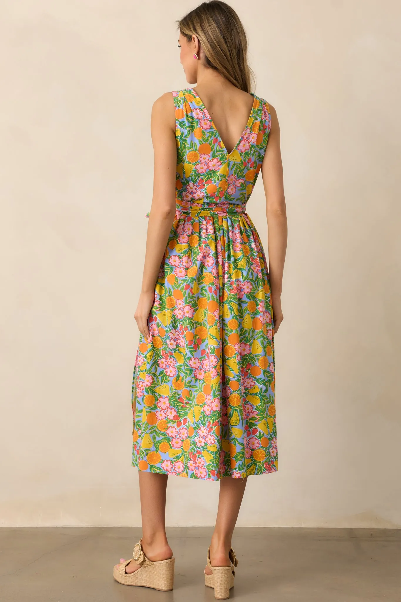 Citrus Bloom Sky Blue Multi Print Midi Wrap Dress