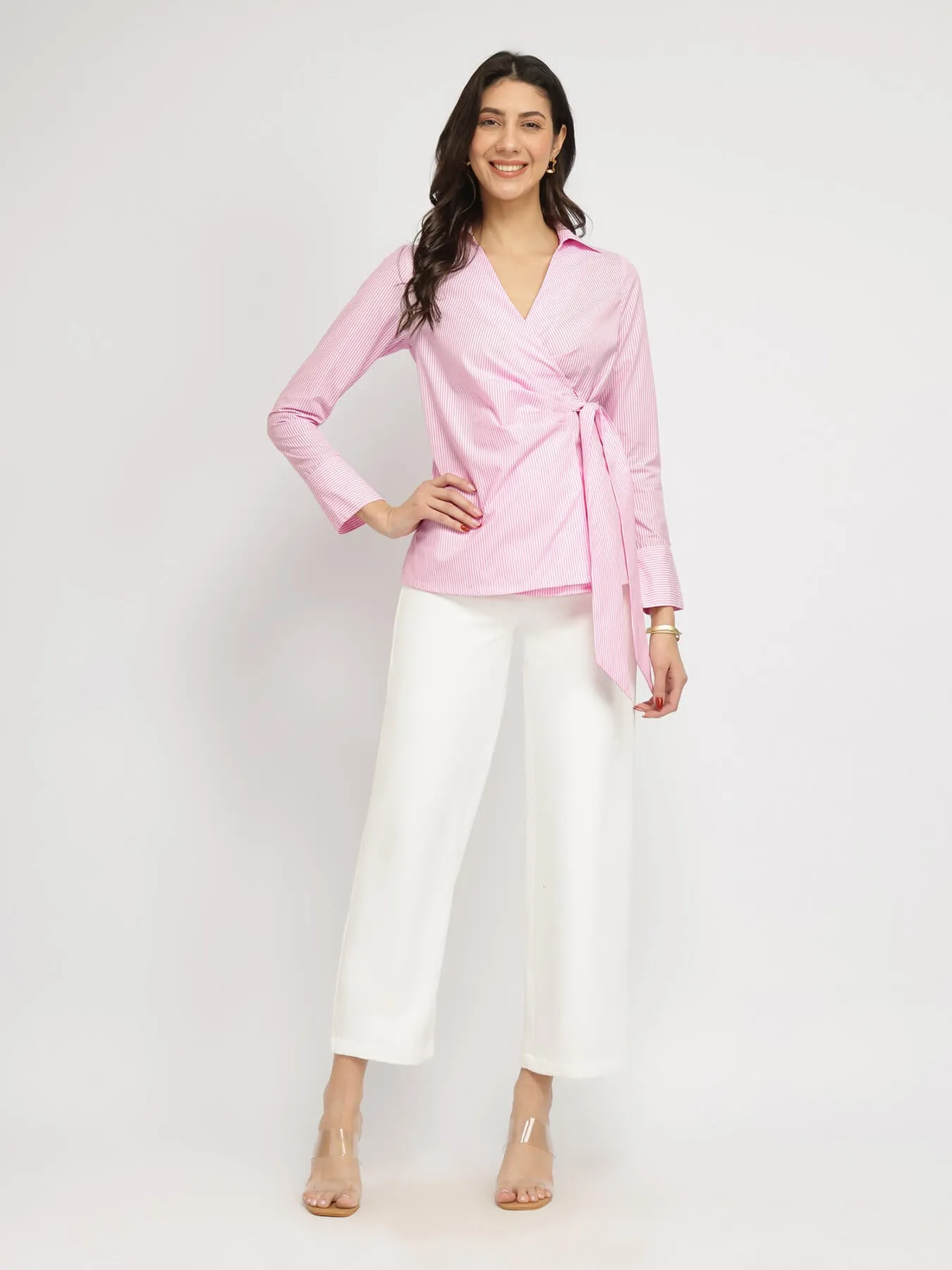 Cotton Blend Wrap Shirt - Pink